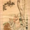 Een handgeschilderde Chinese scroll met een voorstelling van vier wijzen en een leeuw. Inkt op papier.