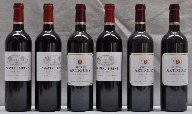 Lot rode Bordeaux      2015  aantal: 6 Bt. Ch. Sirene A.C. St-Julien   M.C.  2015  aantal: 3 Bt. Ch. Artigues A.C. Pauillac   M.C.  2015  aantal: 3 Bt.