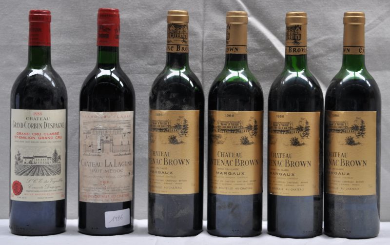 Lot rode Bordeaux        aantal: 6 Bt. Ch. La Lagune A.C. Haut-Médoc 3e grand cru classé  M.C.  1986  aantal: 1 Bt. Ch. Cantenac-Brown A.C. Margaux 3e grand cru classé  M.C.  1986  aantal: 4 Bt. msCh. Grand Corbin Despagne A.C. St-Emilion grand cru classé   M.C.  1988  aantal: 1 Bt. bn