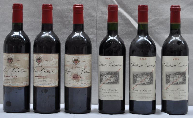 Lot rode Bordeaux      2000  aantal: 6 Bt. Ch. Canon A.C. Canon-Fronsac   M.C.  2000  aantal: 3 Bt. Ch. Lafleur-Gazin A.C. Pomerol   M.C.  2000  aantal: 3 Bt. Gevlekte etiketten