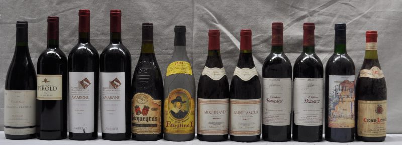 Lot rode wijn        aantal: 12 Bt. Crozes-Hermitage A.C.  Julien de Moissac, Nuits M.O.  1982  aantal: 1 Bt. Ch. Pigoudet A.C. Coteaux d’Aix en Provence   M.C.  1985  aantal: 1 Bt. Ch. Bouscassé Vieilles Vignes A.C. Madiran  Alain Brumont, Maumusson M.C.  1988  aantal: 2 Bt. Saint-Amour A.C.  Antoine Depagneux, Quincié M.O.  1993  aantal: 1 Bt. Moulin-à-Vent A.C.  Antoine Depagneux, Quincié M.O.  1993  aantal: 1 Bt. Faustino I Tinto Gran Reserva D.O.C. Rioja  Bodegas Faustino, Oyon M.O.  1994  aantal: 1 Bt. Vacqueyras A.C.  Arnoux & Fils, Vacqueyras M.O.  1995  aantal: 1 Bt. Abraham Perold - Op die Berg   K.W.V., Paarl M.O.  1996  aantal: 1 Bt. Dom. de l’Hortus Grande Cuvée A.C. Pic Saint-Loup  Jean Orliac, Valilaunes M.O.  1998  aantal: 1 Bt. Amarone D.O.C. REcioto della Valpolicella  Lamberti, Pastrengo M.O.  1995  aantal: 2 Bt.