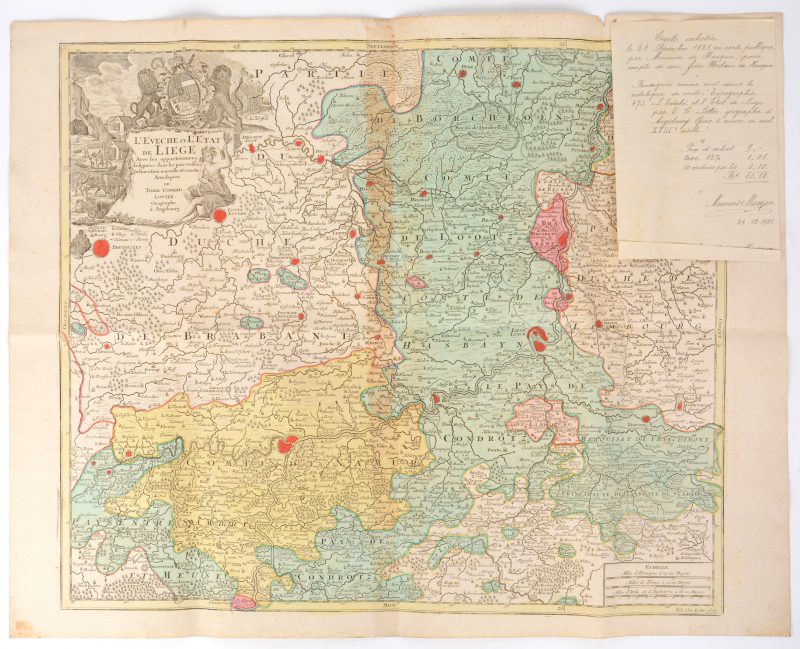 “L’Evêché et l’Etat de Liège”. Een oude kaart van Tobie Conrad Lotter, geograaf te Augsburg. Een ingekleurde kopergravure. XVIIIe eeuw. Kaart geplooid.