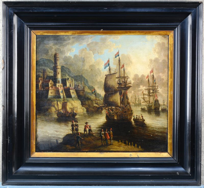 “Hollandse en Engelse schepen bij een kuststad”. Olieverf op doek. Niet gesigneerd.