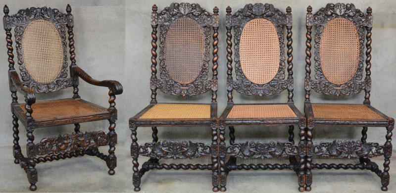 Drie gebeeldhouwde stoelen en een armstoel in neo-renaissancestijl met gecanneerde rug en zit.