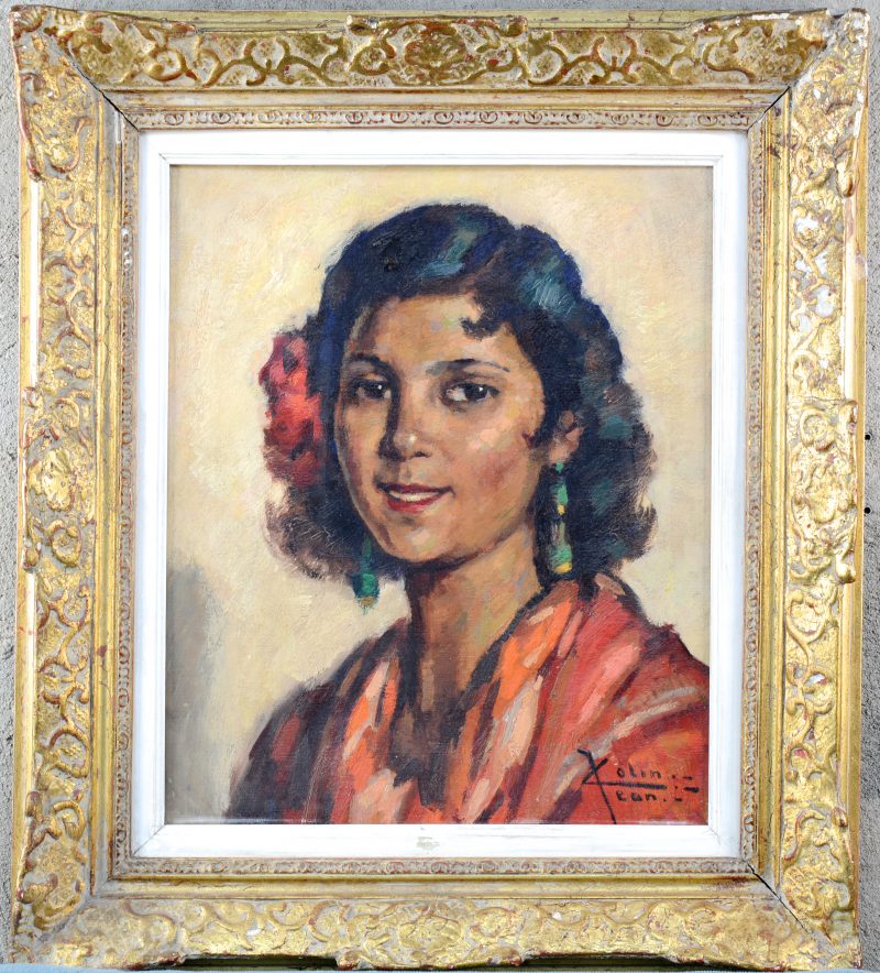 “Portret van een jonge vrouw”. Olieverf op doek. Gesigneerd.