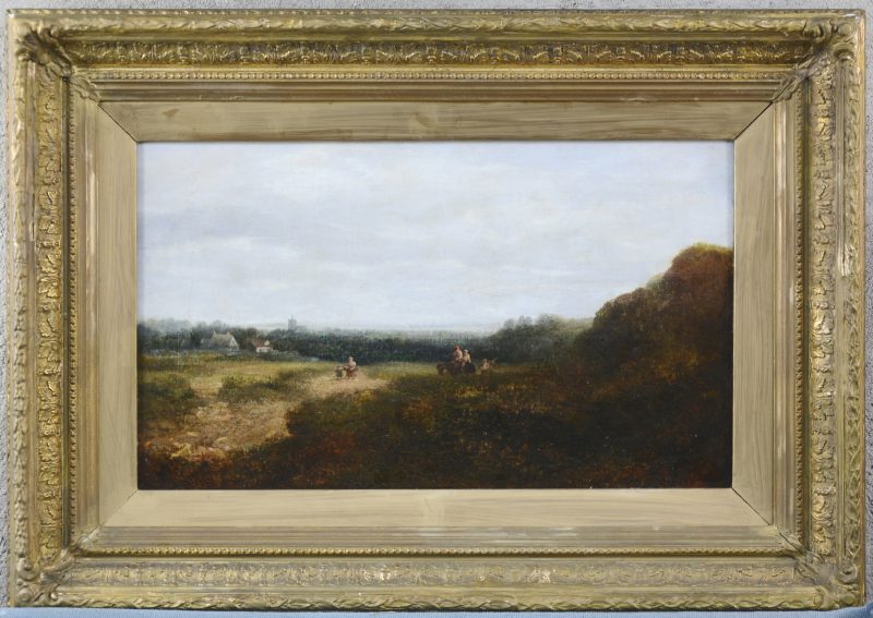 “Engels heuvellandschap met figuren”. Olieverf op gemaroufleerd doek. Gesigneerd. Volgens bijgevoegd expertiserapport dateerd het werk van 1839.