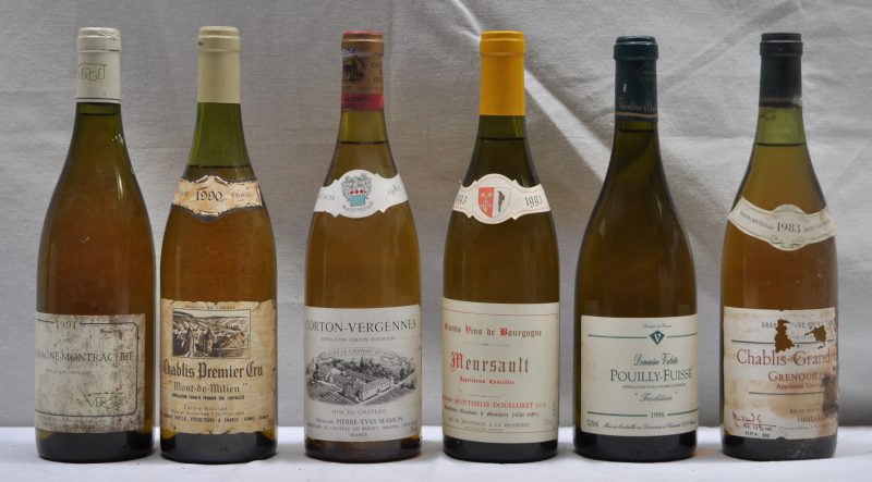 Lot witte Bourgogne         aantal: 6 Bt. Corton-Vergennes A.C. Grand cru Dom. Pierre-Yves Masson, Ch. de Bligny, Beaune M.C.  1982  aantal: 1 Bt. Chablis Grand Cru Grenouilles A.C.  Moillard-Grivot, Nuits M.O.  1983  aantal: 1 Bt. beschadigd etiketChablis 1e Cru Mont de Milieu A.C.  Dom. Pinson, Chablis M.P.  1990  aantal: 1 Bt. Chassagne-Montrachet A.C.  Verget, Sologny M.O.  1991  aantal: 1 Bt. Meursault A.C.  Dom. Monthelie-Douhairet, Monthelie M.P.  1993  aantal: 1 Bt. Pouilly-Fuissé Tradition A.C.  Dom. Valette, Chaintré M.D.  1996  aantal: 1 Bt.