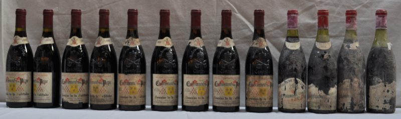 Lot rode wijn        aantal: 13 Bt. Châteauneuf-du-Pape A.C.  Dom. de Bois Dauphin, J. Marchand, Châteauneuf M.O.  1972  aantal: 4 Bt. beschadigde etikettenChâteauneuf-du-Pape A.C.  Dom. de la Solitude, Pierre Lançon, Châteauneuf M.O.  1988  aantal: 9 Bt. vuile etiketten