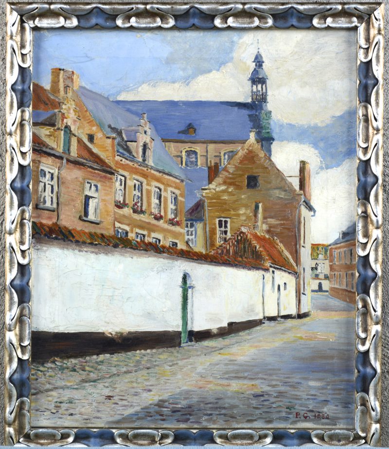 “Begijnhof te Lier met Sint-Margaretastraat”. Olieverf op paneel. Gemonogrammeerd P.C. 1930.