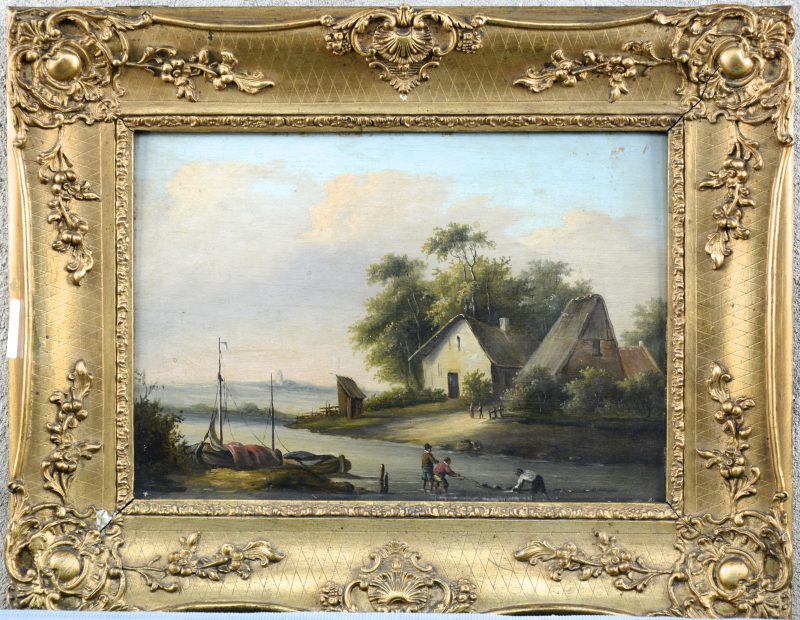 “Romantisch rivierlandschap”. Olieverf op paneel. XIXe eeuw.