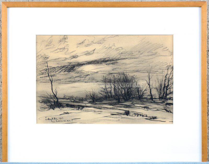 “Landschap te Schilde”. Houtskool op papier. Gesigneerd en gedateerd 1966.