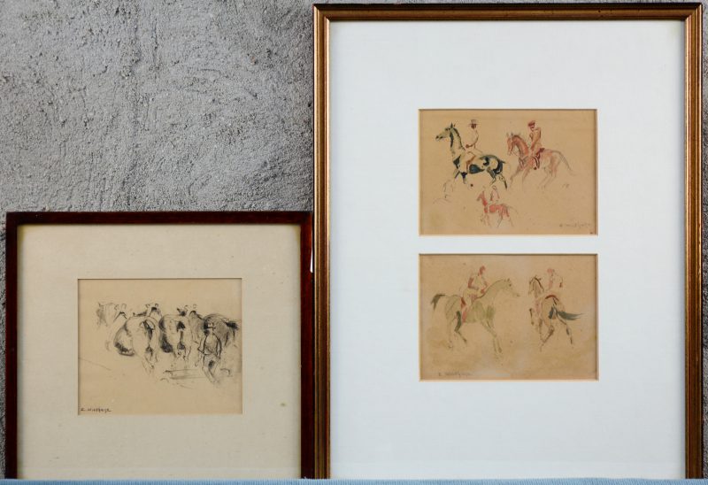 “Ruiters” &”Trekpaarden”. Drie studietekeningen. Resp. aquarel en potlood op papier. Allen gesigneerd. in twee kaders.