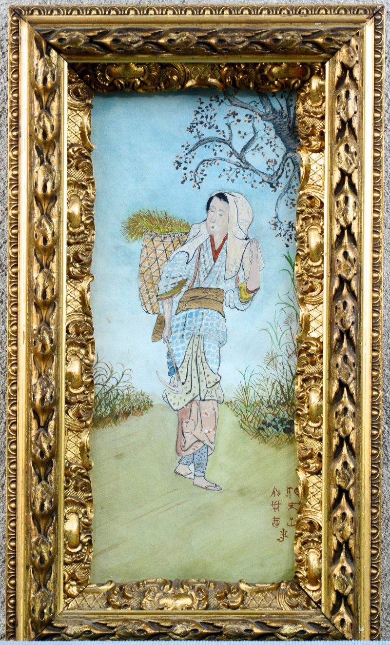 “Vrouw met oogst”. Een Chinese aquarel op papier. Gesigneerd.