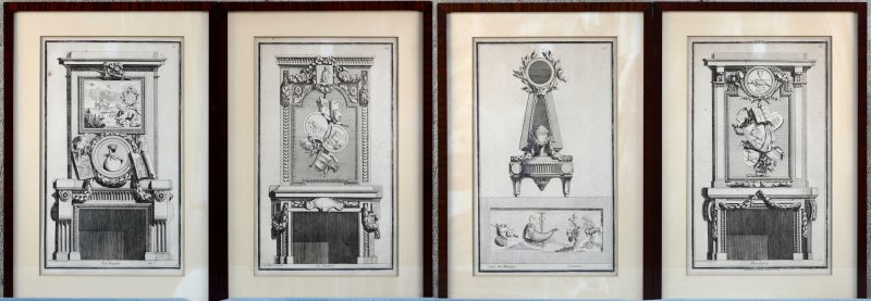 Een reeks van vier XIXe eeuwse gravures met ontwerpen van schouwornamenten.