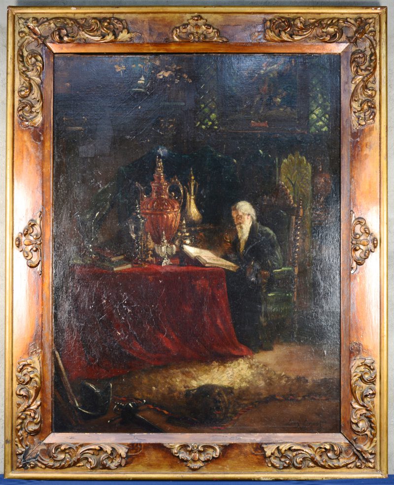 “Oude man in zijn studie”. Olieverf op doek. Gesigneerd en gedateerd ‘Paris, 1901’. In origineel kader. Werk op te frissen.