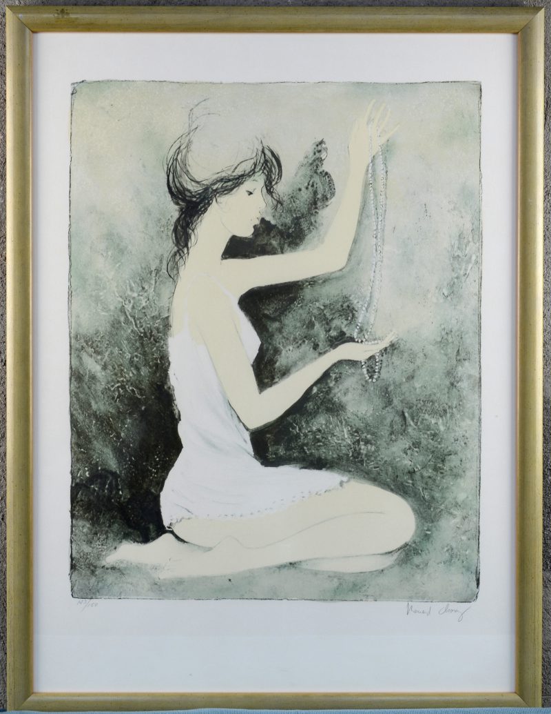 “Meisje met parelsnoer”. Een lithografie. Gesigneerd en genummerd 123/150 buiten de plaat.