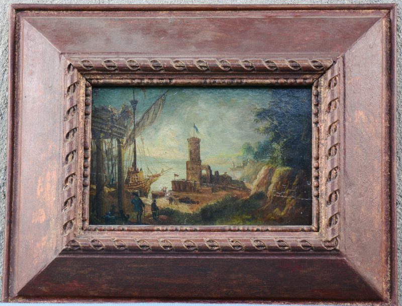 “Zeilschip aan de kust bij een burcht en een ruïne”. Olieverf op paneel. XIXe eeuw.