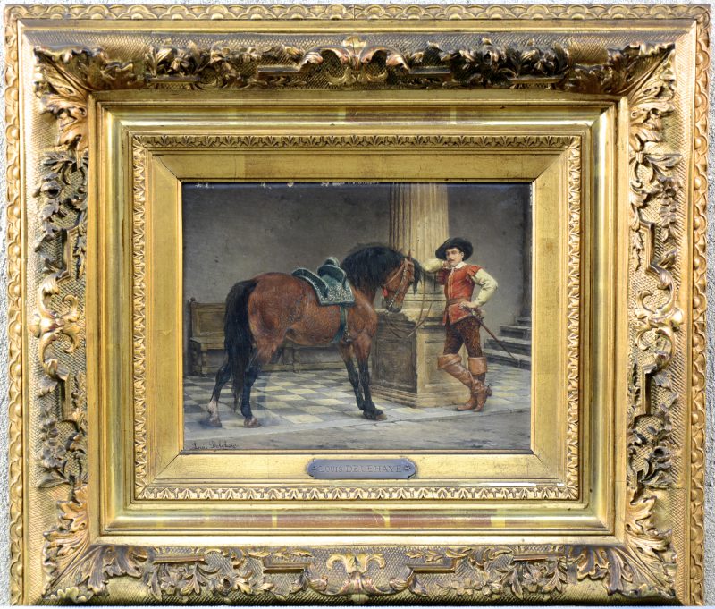 “Ruiter bij zijn paard”. Olieverf op paneel. Gesigneerd. XIXe eeuw.