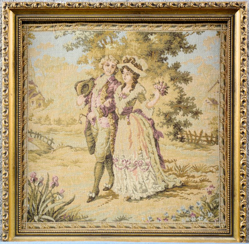 “Edel koppel” Een ingekaderde tapisserie. XIXe eeuw.