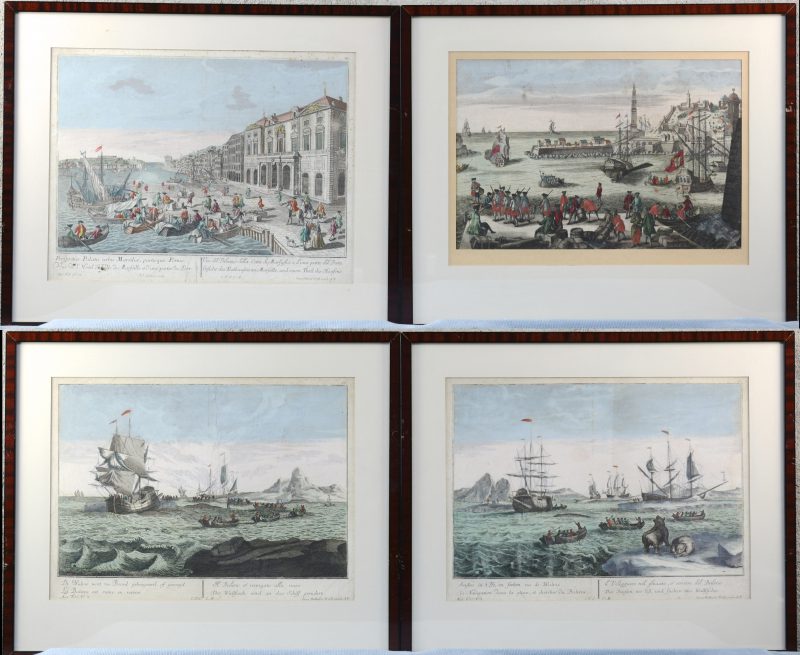 Vier XVIIIe eeuwse ingekleurde gravures van Georg Balthasar Probst:- “Havengezicht”.- “Het stadhuis en een deel van de haven van marseille”.- “Seylen in’t ys en soeken na de walvis”.- “De walvis wort na boors geboegseerd of geroeyd”.