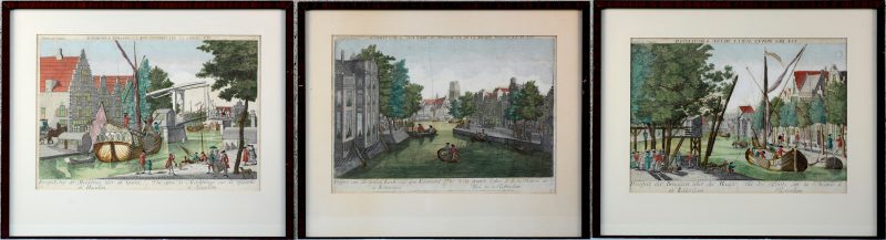 Drie XVIIIe eeuwse ingekleurde gravures van Jean Benoit Winckler: - “Zicht op de Melkbrug over de Spaarne te Haarlem.-”Zicht op de bruggen over de Maas te Rotterdam”- “Zicht op de grote kerk en de Koornmarkt te Rotterdam”.
