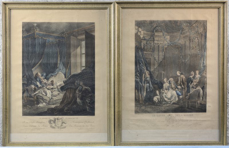 “L’épouse indiscrete” & “Le lever de la Mriée”. Twee oude Franse gravures.
