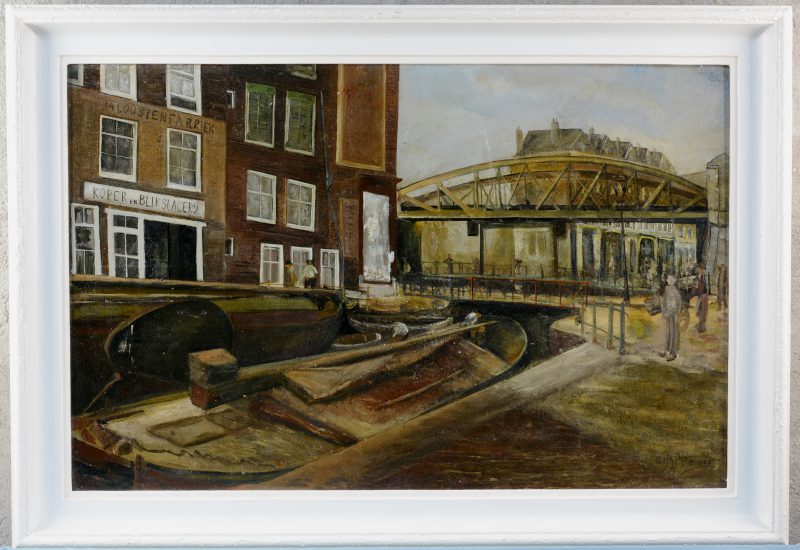 “Schepen op een kanaal te Rotterdam”. Olieverf op gemaroufleerd doek. Gesigneerd en gedateerd 1925.
