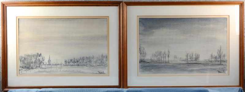 “Dorpszicht” & “Plattelandszicht”. Twee aquarellen op papier. Beide gesigneerd.