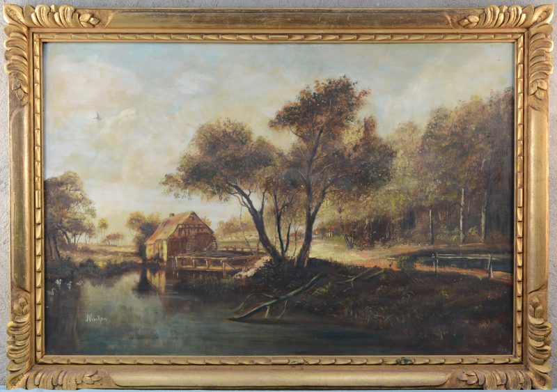 “Romantisch landschap met watermolen”. Olieverf op doek. Gesigneerd. Naar een werk van Meindert Hobbema. Perforatie links boven.