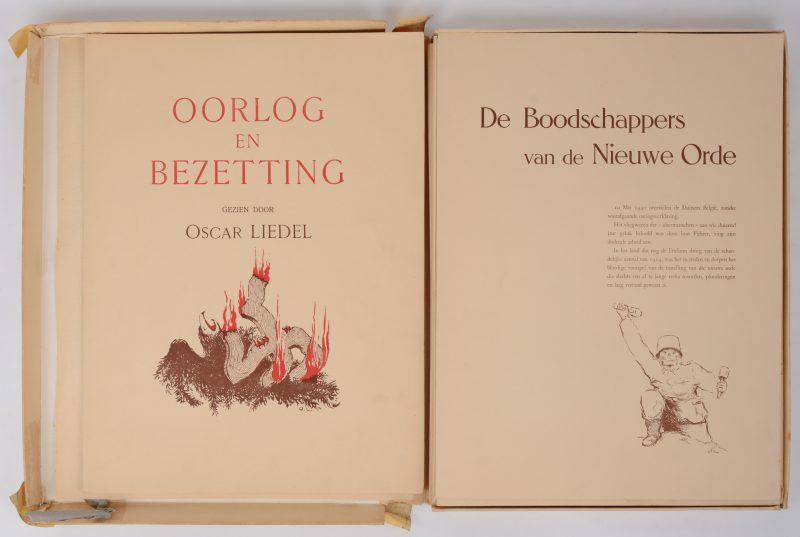 “Oorlog en bezetting gezien door Oscar Liedel”. Een uitgave met reprocucties en begeleidende teksten in een map. Ed. Gossens. Brussel, 1947.