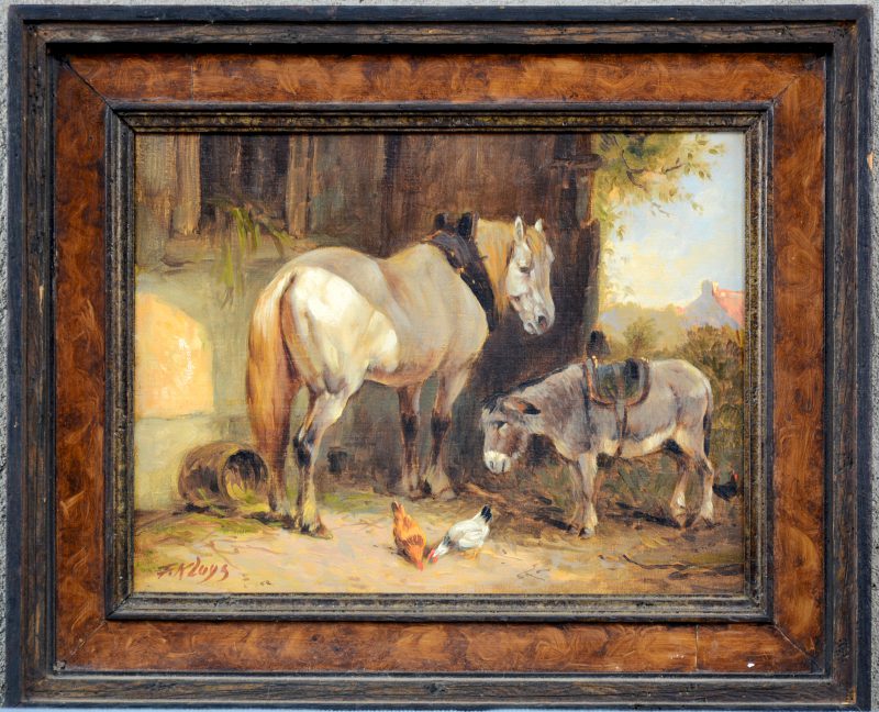 “Paard en ezel aan de stal”. Olieverf op doek. Gesigneerd ‘F. Kluys”.