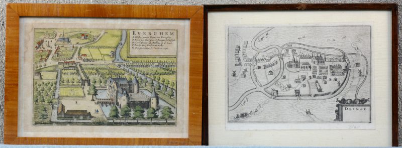 “Deinse”. Een oude stadskaart toegeschreven aan Blaeu (15 x 23 cm).“Everghem”. Een topografische prent, met de hand ingekleurd (16 x 23 cm).