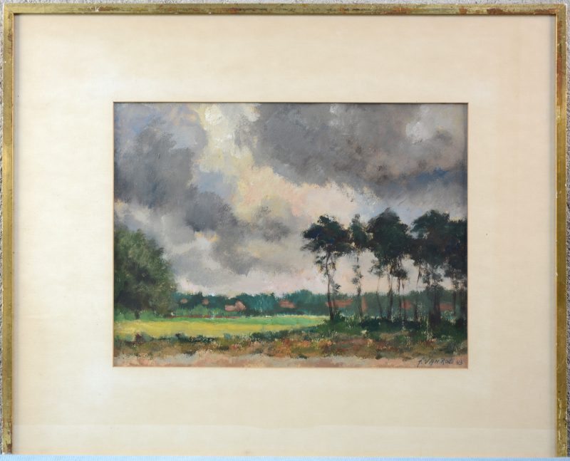“Landschap met hoeves aan de bosrand”. Olieverf op papier. Gesigneerd en gedateerd 1943.