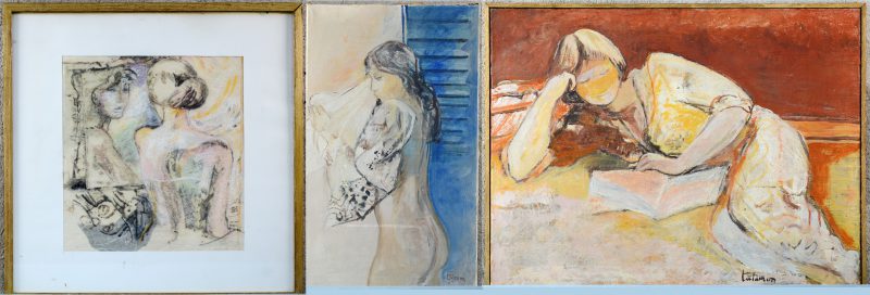 “Lezende jonge vrouw”; “Naakt met sjaaltje” & “Vrouw voor spiegel”. Drie kunstwerken, verschillende technieken. Allen gesigneerd.
