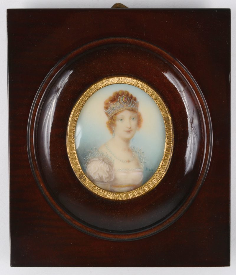 Miniatuurportret van een jonge vrouw. Medio XIXde eeuw. Ovaal in een rechthoekige lijst. Gesigneerd Bett (?).