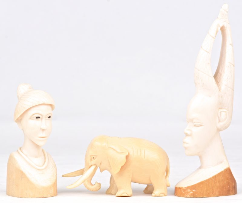 Drie sculpturen van Afrikaans ivoor: twee bustes (H. 16,5 en 10 cm) en een olifantje (H. 5 cm). Eerste helft XXste eeuw.