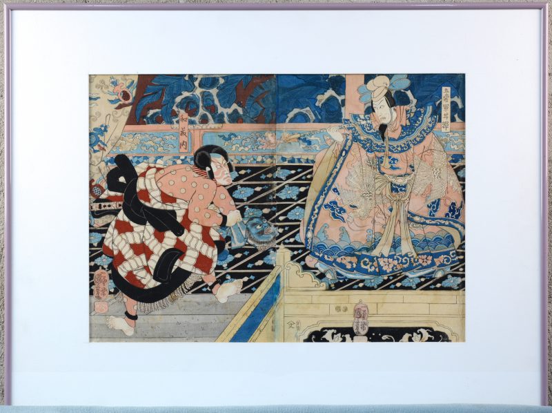 “Het verhaal van de 47 Ronin’s”. Een diptiek. Japanse ingekleurde houtsnede. Gesigneerd. Omstreeks 1850.