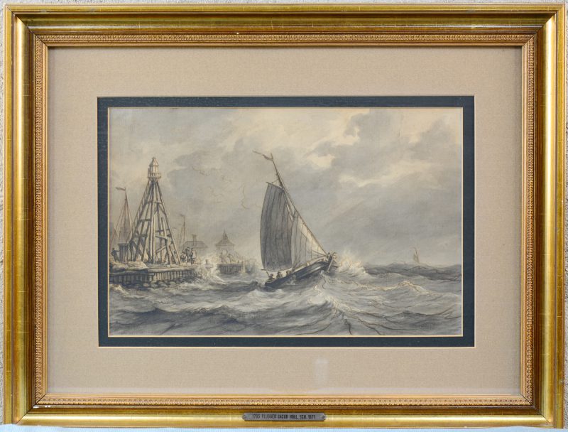 “Zeilschip op woelige zee”. Een lithografie naar een werk van Plugger Jacob.