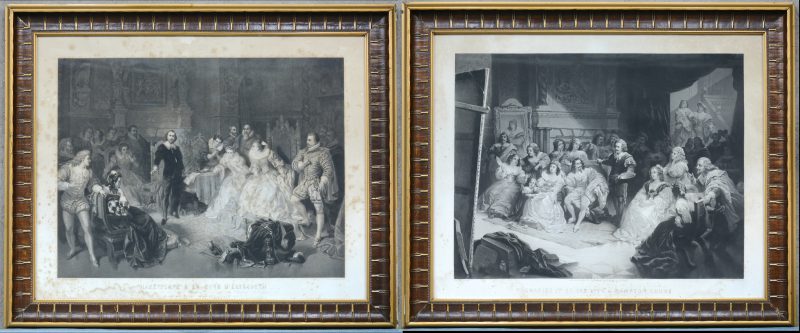 “Shakespeare à la cour d’Elisabeth” & Charles 1er et Van Dyck à Hampton Court”. Twee gravures door Pierre Cottin. Vochtschade.