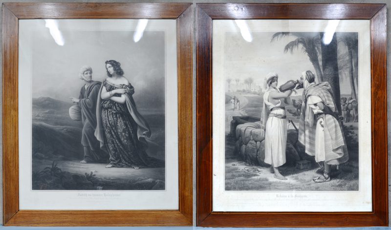 Twee XIXe eeuwse gravures in originele kaders.- “Judith va trouver Holopherne”. Jazet naar een werk van Steuben. - “Rebecca à la fontaine”. Jazet naar een werk van Vernet.