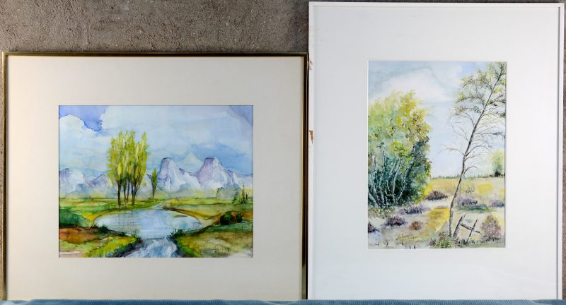 Twee landschappen: een weidezicht en een bergmeertje. Aquarel op papier. Beiden gesigneerd, één gedateerd.