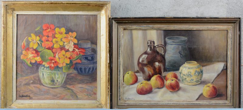 “Stileven met bloemen” & “Stileven met appelen en aardewerk. Beide gesigneerd en de eerste gedateerd 1951.
