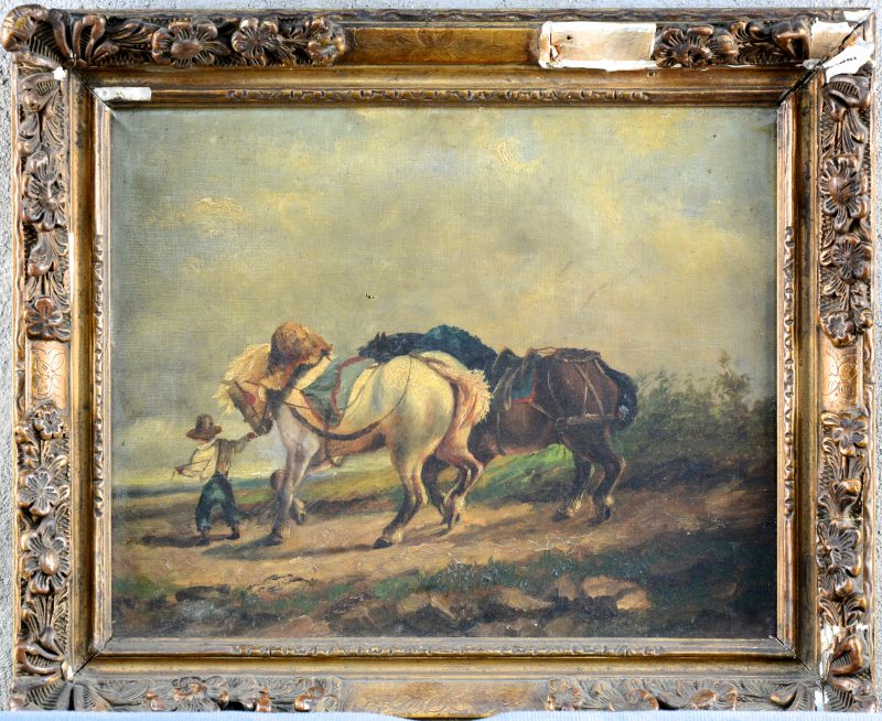 “Jongen met paarden”. Olieverf op doek. Eind XIXe eeuw. Zonder signatuur.