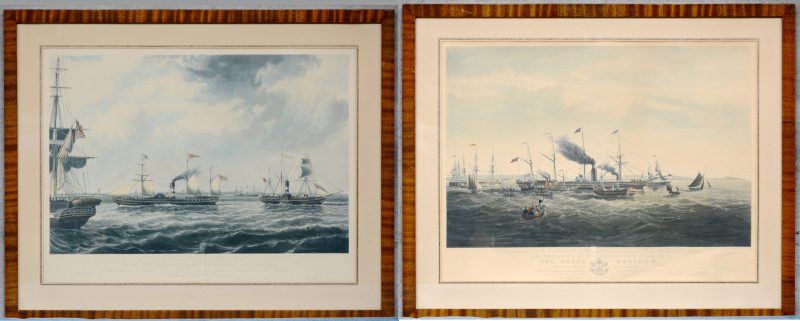 “Vivid and waterwitch, off orfrordness in a breeze”. & “The magnificent steamship “The Great Western”. Twee oude Engelse gravures van R.G. & A.W. Reeve te Londen.