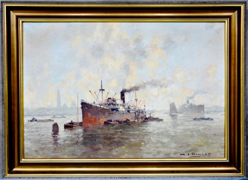 “Stoomschip in de haven van Antwerpen”. Olieverf op doek. Gesigneerd.