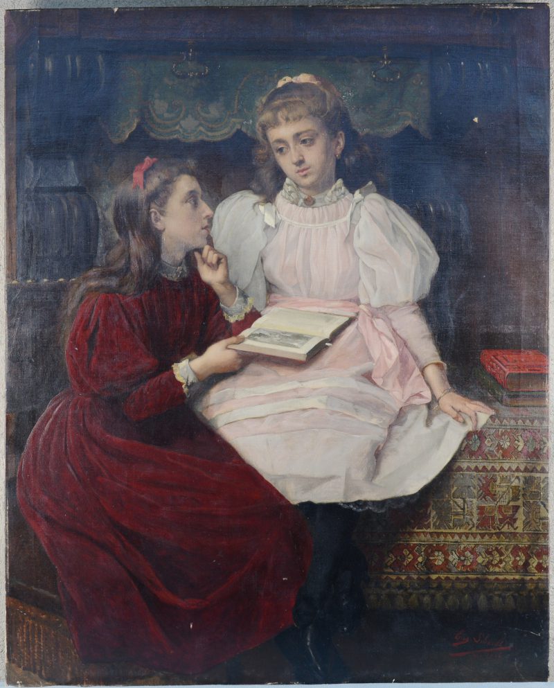 “Lezende meisjes”. Olieverf op doek. Gesigneerd en gedateerd 1896.