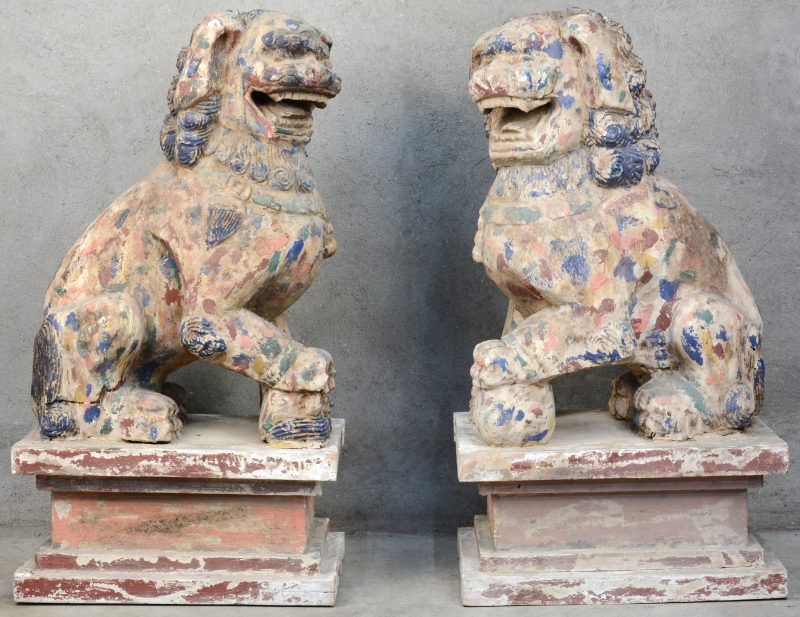 Een paar antieke Chinese tempelleeuwen van gepolychromeerd hout.