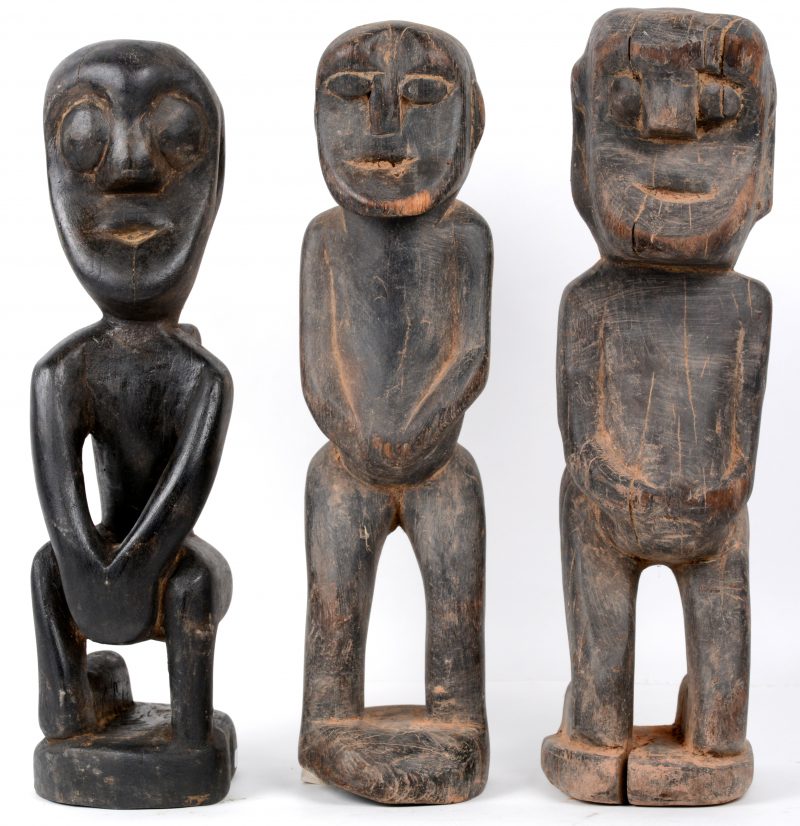 Drie etnische beelden van gebeeldhouwd tropisch hout.