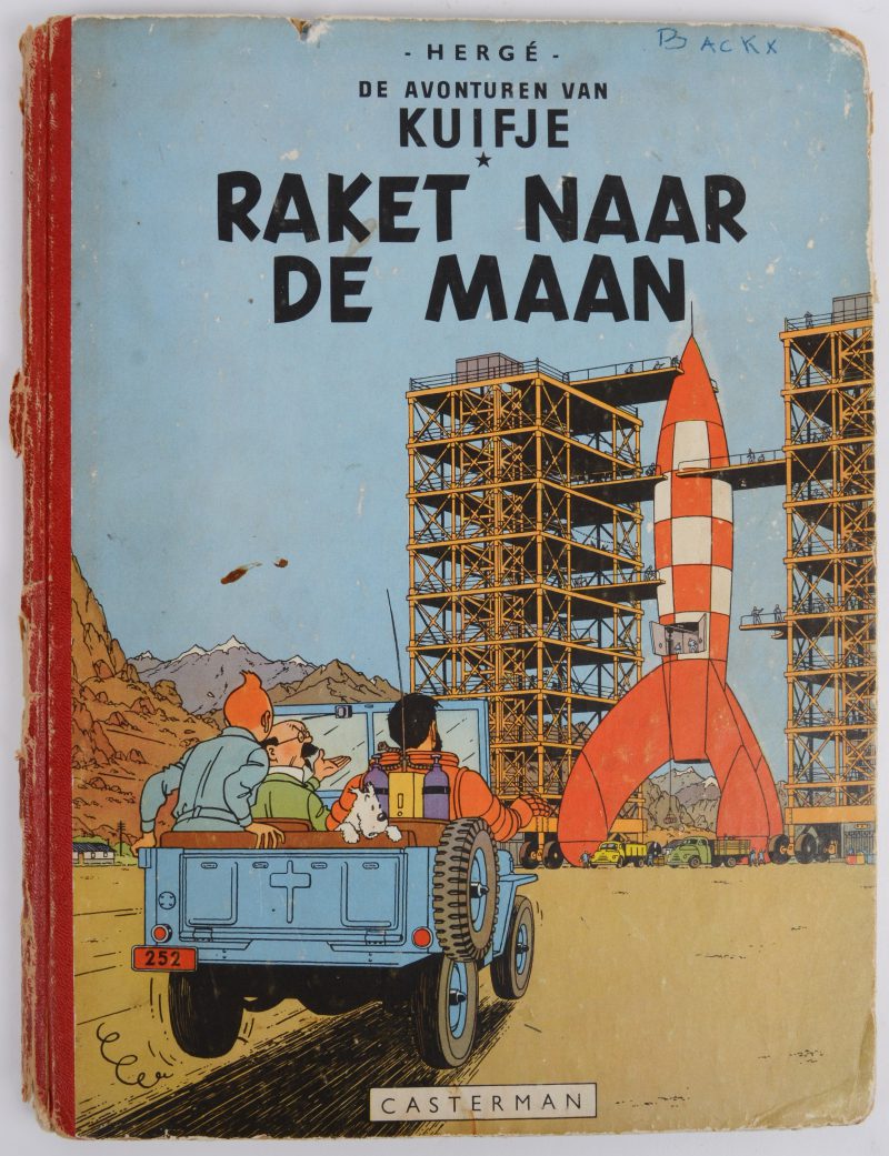 Kuifje. “Raket naar de Maan”. Eerste uitgave, Casterman 1953. Achterflap G. Slechte staat.