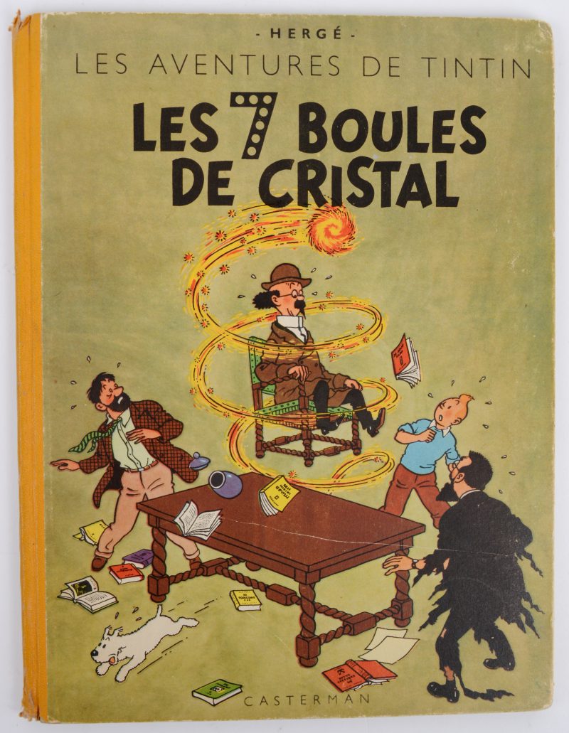 Tintin. “Les 7 Boules de Cristal”. Casterman 1948, 2de versie, zwarte titel. Blauw schutblad. Achterflap B2. Redelijk tot goede staat.